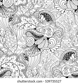 Tracery seamless calming pattern. Mehndi design. Ethnic monochrome binary doodle texture. Curved doodling black and white background. Vector.