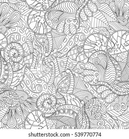 Tracery seamless calming pattern. Mehndi design. Ethnic monochrome binary doodle texture. Curved doodling black and white background. Vector.