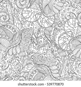 Tracery seamless calming pattern. Mehndi design. Ethnic monochrome binary doodle texture. Curved doodling black and white background. Vector.