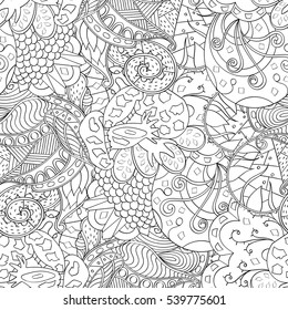 Tracery seamless calming pattern. Mehndi design. Ethnic monochrome binary doodle texture. Curved doodling black and white background. Vector.