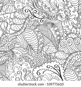 Tracery seamless calming pattern. Mehndi design. Ethnic monochrome binary doodle texture. Curved doodling black and white background. Vector.