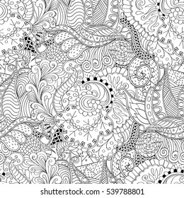 Tracery seamless calming pattern. Mehndi design. Ethnic monochrome binary doodle texture. Curved doodling black and white background. Vector.