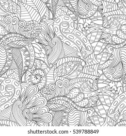 Tracery seamless calming pattern. Mehndi design. Ethnic monochrome binary doodle texture. Curved doodling black and white background. Vector.