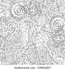 Tracery seamless calming pattern. Mehndi design. Ethnic monochrome binary doodle texture. Curved doodling black and white background. Vector.