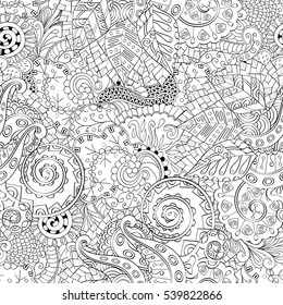 Tracery seamless calming pattern. Mehndi design. Ethnic monochrome binary doodle texture. Curved doodling black and white background. Vector.