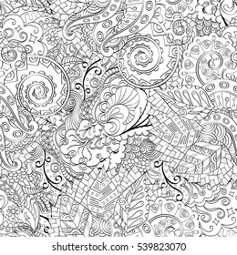 Tracery seamless calming pattern. Mehndi design. Ethnic monochrome binary doodle texture. Curved doodling black and white background. Vector.