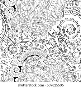 Tracery seamless calming pattern. Mehndi design. Ethnic monochrome binary doodle texture. Curved doodling black and white background. Vector.