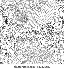 Tracery seamless calming pattern. Mehndi design. Ethnic monochrome binary doodle texture. Curved doodling black and white background. Vector.