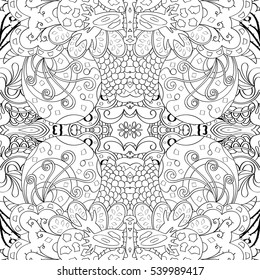 Tracery seamless calming pattern. Mehndi design. Ethnic monochrome binary doodle texture. Curved doodling black and white background. Vector.