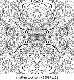 Tracery seamless calming pattern. Mehndi design. Ethnic monochrome binary doodle texture. Curved doodling black and white background. Vector.