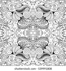 Tracery seamless calming pattern. Mehndi design. Ethnic monochrome binary doodle texture. Curved doodling black and white background. Vector.