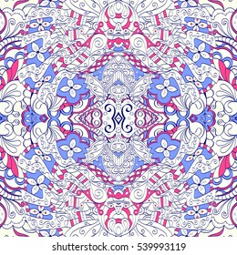 Tracery seamless calming pattern. Mehndi design. Ethnic colorful doodle texture. Curved doodling background. Vector.