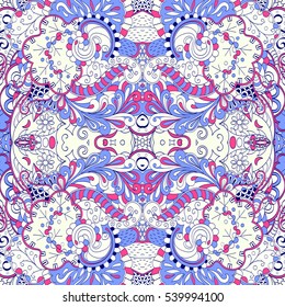 Tracery seamless calming pattern. Mehndi design. Ethnic colorful doodle texture. Curved doodling background. Vector.