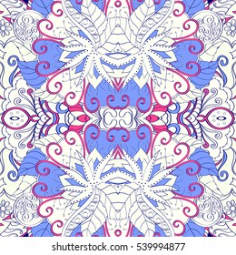 Tracery seamless calming pattern. Mehndi design. Ethnic colorful doodle texture. Curved doodling background. Vector.