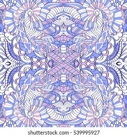 Tracery seamless calming pattern. Mehndi design. Ethnic colorful doodle texture. Curved doodling background. Vector.