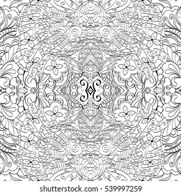 Tracery seamless calming pattern. Mehndi design. Ethnic monochrome binary doodle texture. Curved doodling black and white background. Vector.