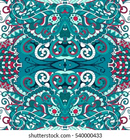 Tracery seamless calming pattern. Mehndi design. Ethnic colorful doodle texture. Curved doodling background. Vector.