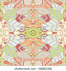 Tracery seamless calming pattern. Mehndi design. Ethnic colorful doodle texture. Curved doodling background. Vector.