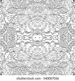Tracery seamless calming pattern. Mehndi design. Ethnic monochrome binary doodle texture. Curved doodling black and white background. Vector.
