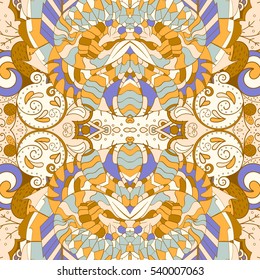 Tracery seamless calming pattern. Mehndi design. Ethnic colorful doodle texture. Curved doodling background. Vector.