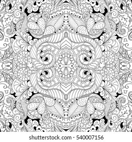 Tracery seamless calming pattern. Mehndi design. Ethnic monochrome binary doodle texture. Curved doodling black and white background. Vector.