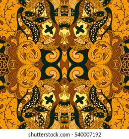 Tracery seamless calming pattern. Mehndi design. Ethnic colorful doodle texture. Curved doodling background. Vector.
