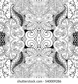 Tracery seamless calming pattern. Mehndi design. Ethnic monochrome binary doodle texture. Curved doodling black and white background. Vector.