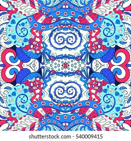 Tracery seamless calming pattern. Mehndi design. Ethnic colorful doodle texture. Curved doodling background. Vector.