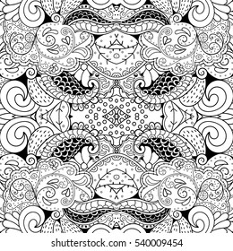 Tracery seamless calming pattern. Mehndi design. Ethnic monochrome binary doodle texture. Curved doodling black and white background. Vector.