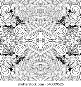 Tracery seamless calming pattern. Mehndi design. Ethnic monochrome binary doodle texture. Curved doodling black and white background. Vector.