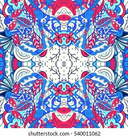 Tracery seamless calming pattern. Mehndi design. Ethnic colorful doodle texture. Curved doodling background. Vector.