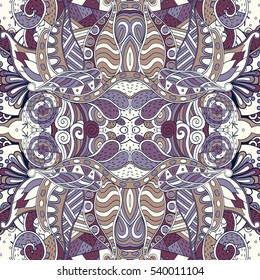 Tracery seamless calming pattern. Mehndi design. Ethnic colorful doodle texture. Curved doodling background. Vector.