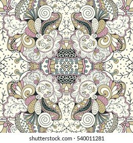 Tracery seamless calming pattern. Mehndi design. Ethnic colorful doodle texture. Curved doodling background. Vector.