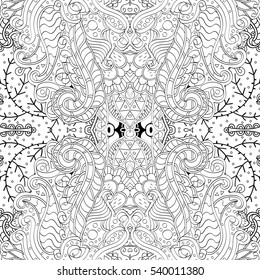 Tracery seamless calming pattern. Mehndi design. Ethnic monochrome binary doodle texture. Curved doodling black and white background. Vector.