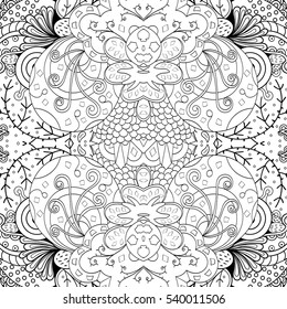 Tracery seamless calming pattern. Mehndi design. Ethnic monochrome binary doodle texture. Curved doodling black and white background. Vector.