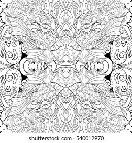 Tracery seamless calming pattern. Mehndi design. Ethnic monochrome binary doodle texture. Curved doodling black and white background. Vector.