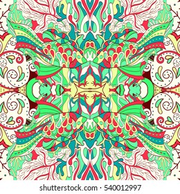 Tracery seamless calming pattern. Mehndi design. Ethnic colorful doodle texture. Curved doodling background. Vector.
