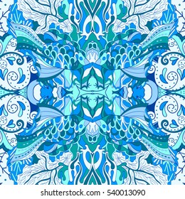 Tracery seamless calming pattern. Mehndi design. Ethnic colorful doodle texture. Curved doodling background. Vector.