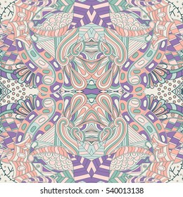 Tracery seamless calming pattern. Mehndi design. Ethnic colorful doodle texture. Curved doodling background. Vector.