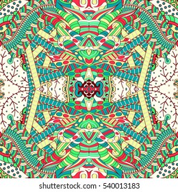 Tracery seamless calming pattern. Mehndi design. Ethnic colorful doodle texture. Curved doodling background. Vector.