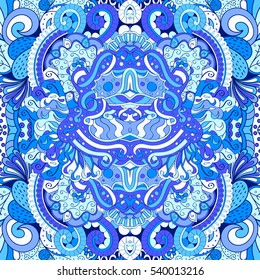 Tracery seamless calming pattern. Mehndi design. Ethnic colorful doodle texture. Curved doodling background. Vector.