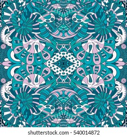 Tracery seamless calming pattern. Mehndi design. Ethnic colorful doodle texture. Curved doodling background. Vector.