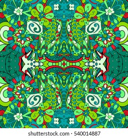 Tracery seamless calming pattern. Mehndi design. Ethnic colorful doodle texture. Curved doodling background. Vector.