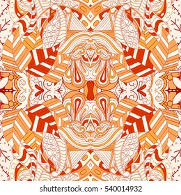 Tracery seamless calming pattern. Mehndi design. Ethnic colorful doodle texture. Curved doodling background. Vector.