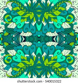 Tracery seamless calming pattern. Mehndi design. Ethnic colorful doodle texture. Curved doodling background. Vector.