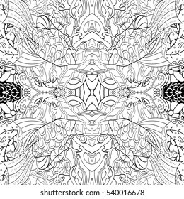Tracery seamless calming pattern. Mehndi design. Ethnic monochrome binary doodle texture. Curved doodling black and white background. Vector.
