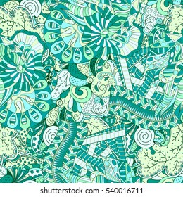 Tracery seamless calming pattern. Mehndi design. Ethnic colorful doodle texture. Curved doodling background. Vector.
