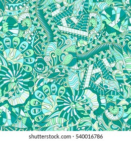 Tracery seamless calming pattern. Mehndi design. Ethnic colorful doodle texture. Curved doodling background. Vector.