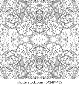 Tracery seamless calming pattern. Mehndi design. Ethnic monochrome binary doodle texture. Curved doodling black and white background. Vector.