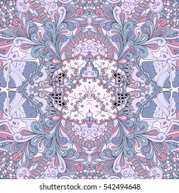Tracery seamless calming pattern. Mehndi design. Ethnic colorful doodle texture. Curved doodling background. Vector.